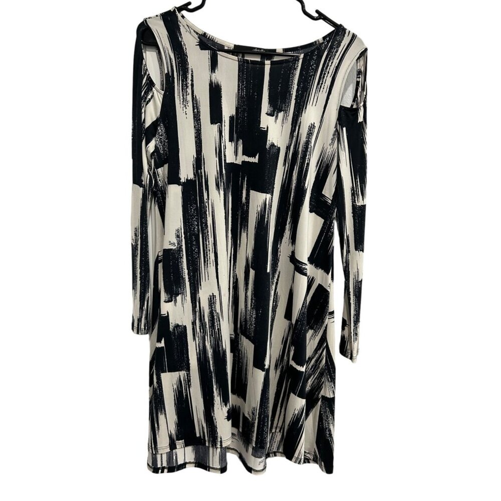 Ariella Women's Black & White Abstract Cold Shoulder Dress Size M